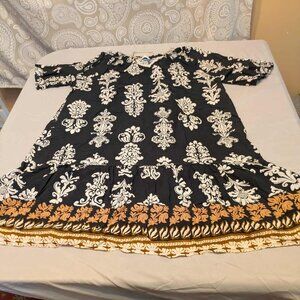 Black & Beige Maxi Dress Womens XL Damask - Patterned Below Knee Pullover